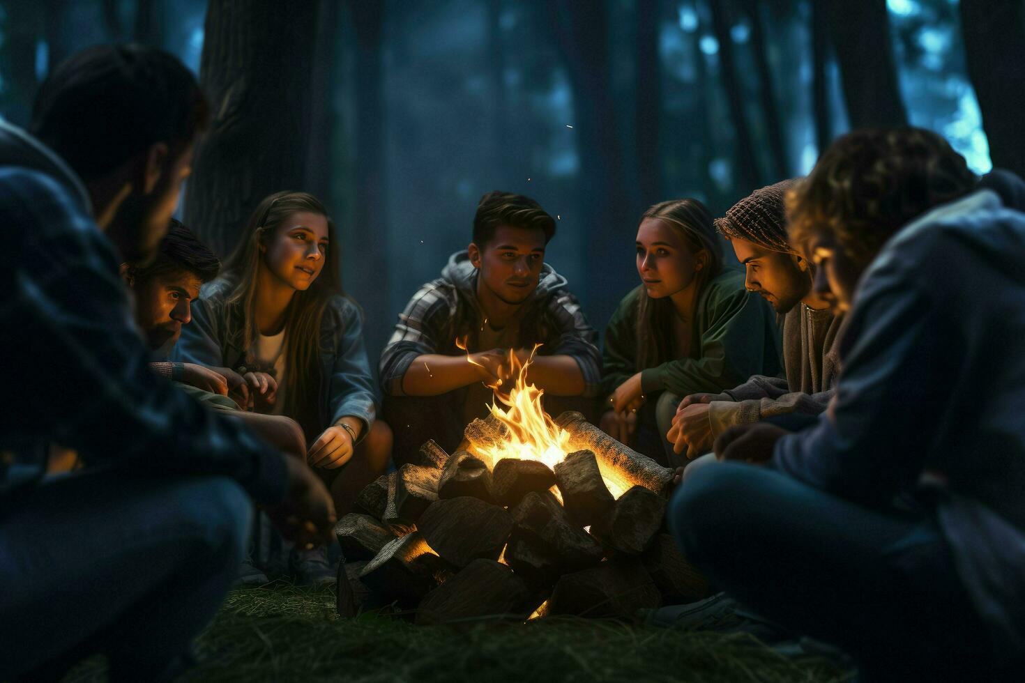 ai generado grupo de joven amigos sentado cerca hoguera a noche cámping concepto, joven personas sentado alrededor un hoguera ai generado foto