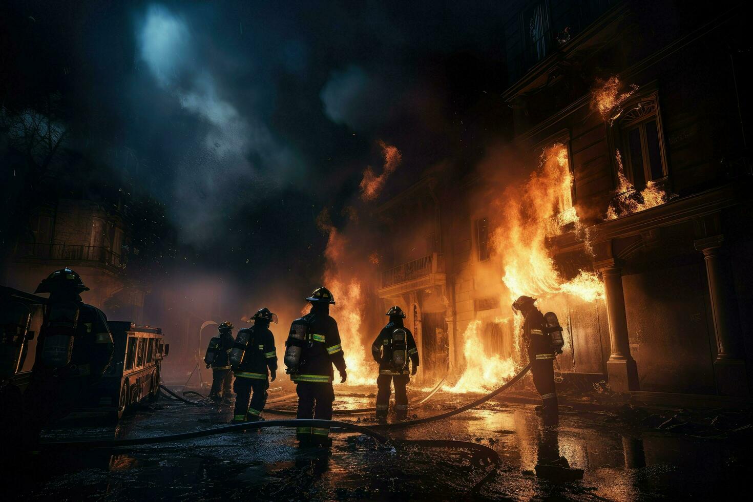 AI generated Firefighters extinguishing a fire in a building at night Ai generated photo