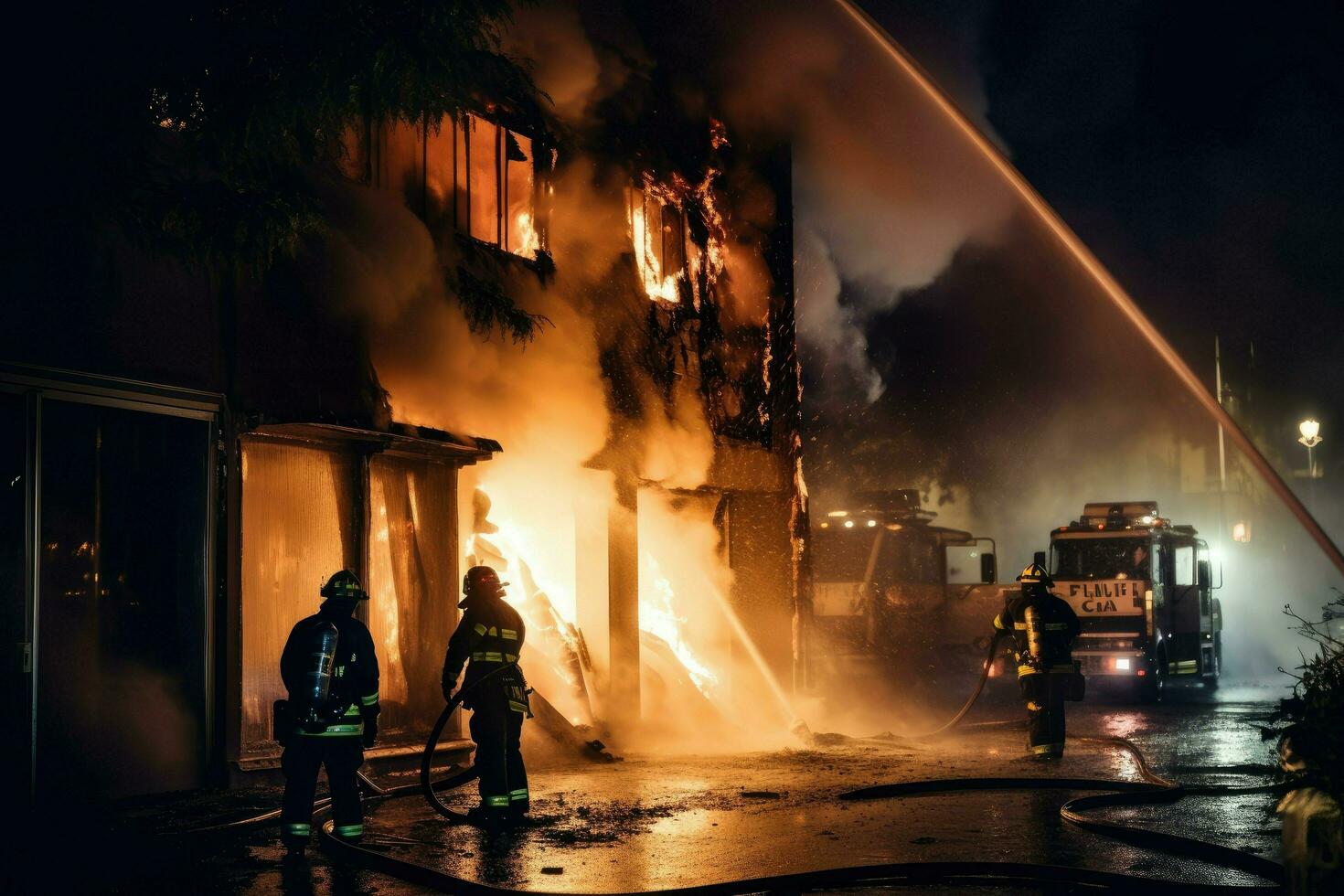 AI generated Firefighters extinguishing a fire in a building at night Ai generated photo