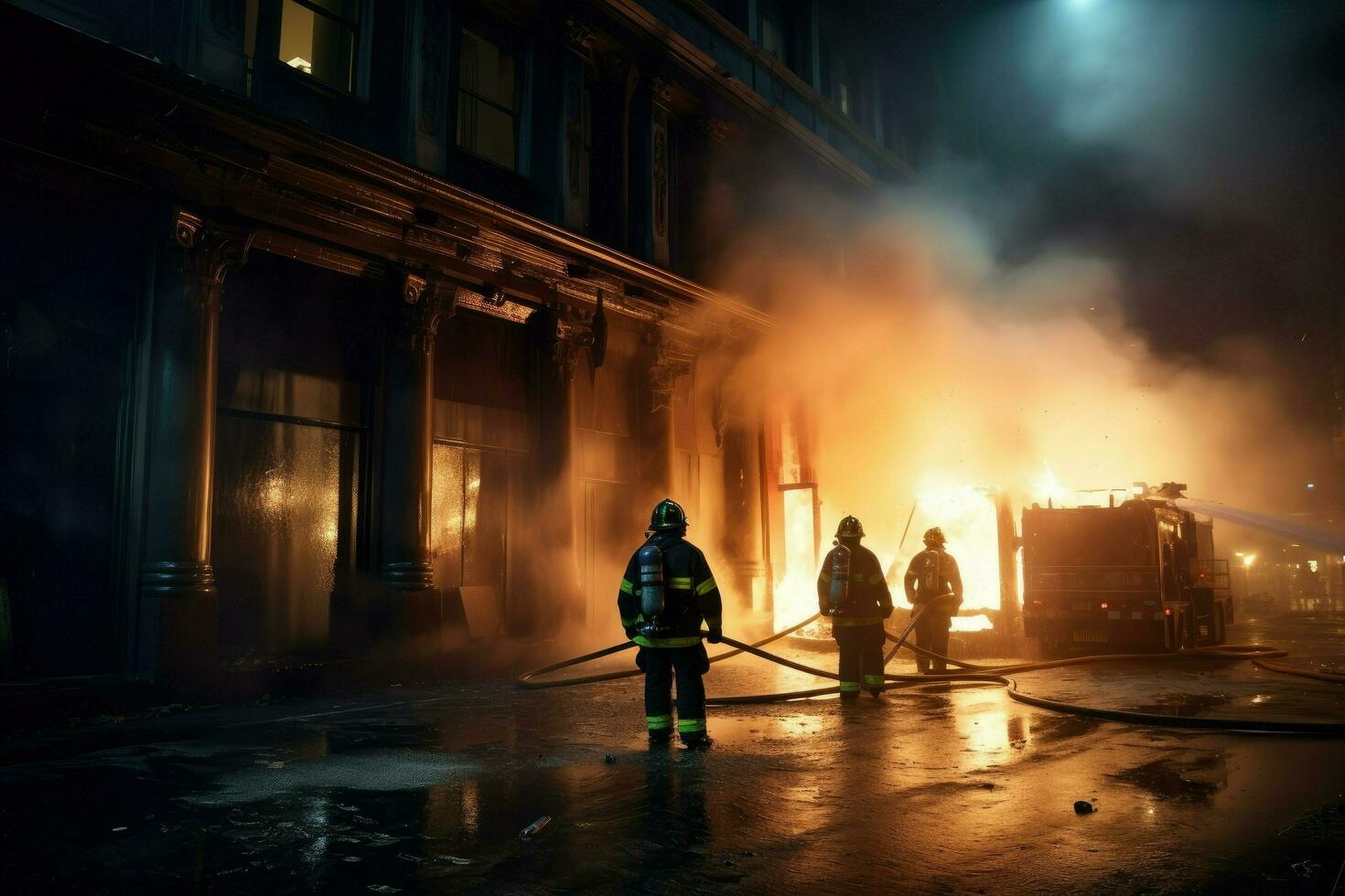 AI generated Firefighters extinguishing a fire in a building at night Ai generated photo