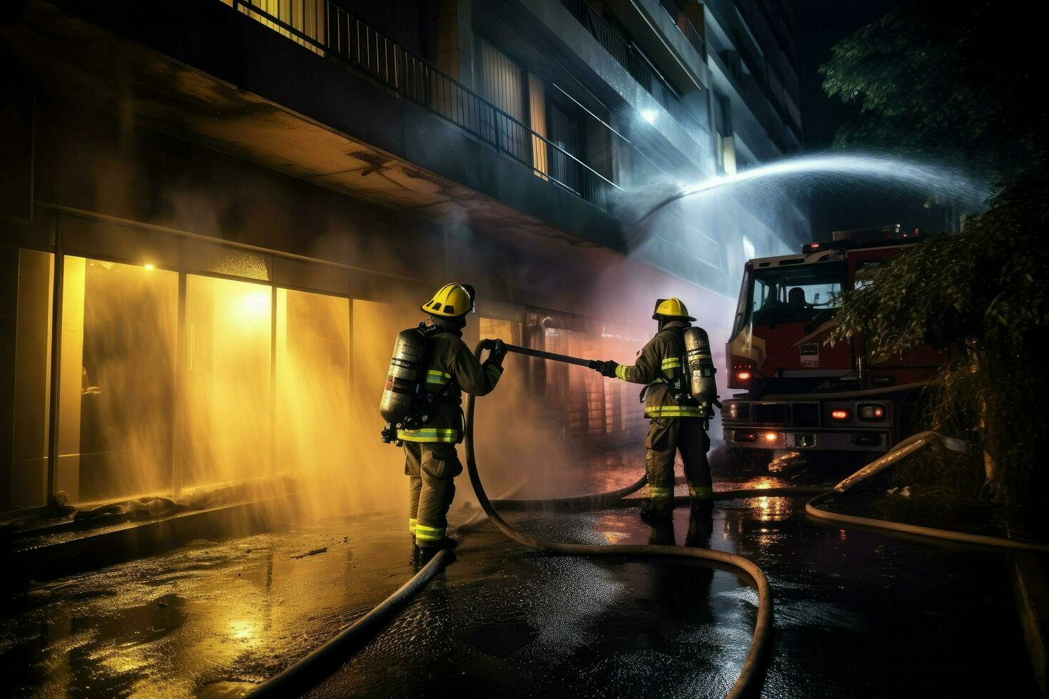 AI generated Firefighters extinguishing a fire in a building at night Ai generated photo