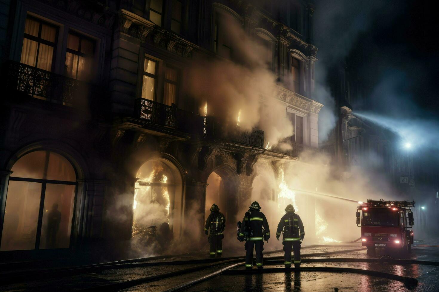 AI generated Firefighters extinguishing a fire in a building at night Ai generated photo