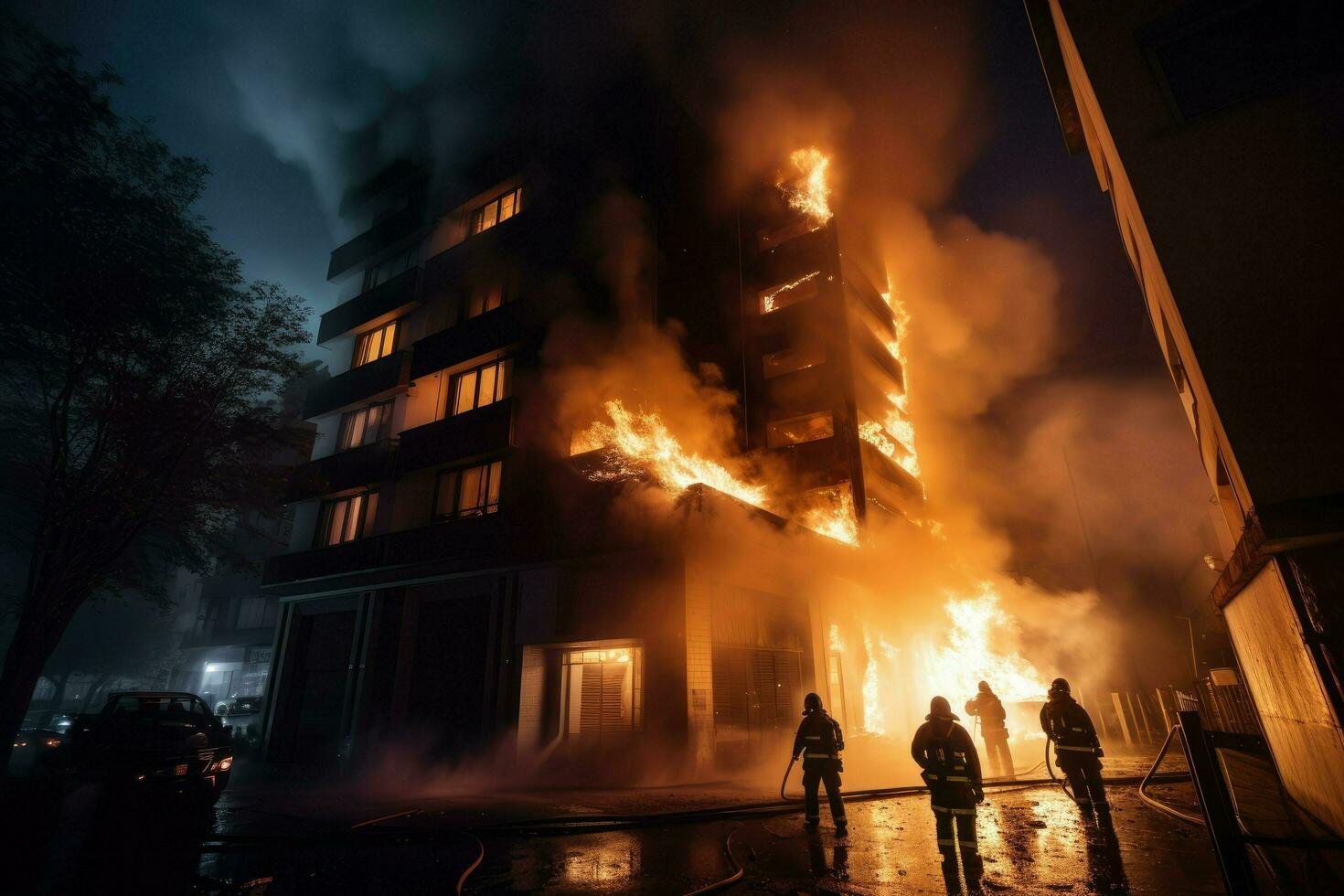 AI generated Firefighters extinguishing a fire in a building at night Ai generated photo