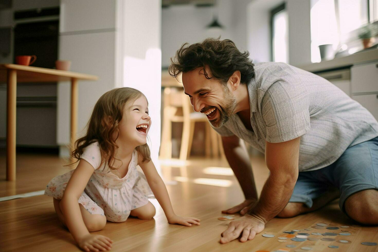 AI generated Playful daughter pinching cheerful father's cheeks on floor at home Ai generated photo
