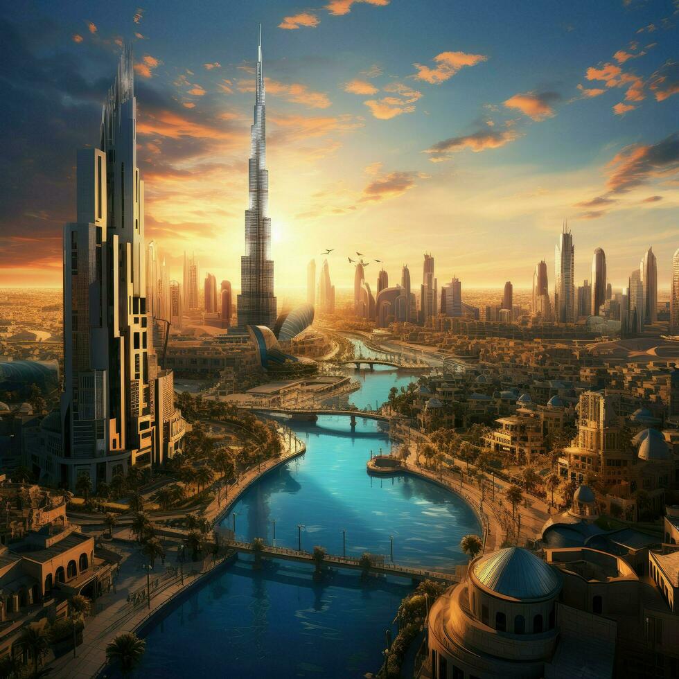 AI generated Beautiful view of Dubai ,beautiful panoramic view of skyscrapers and river Ai generated photo