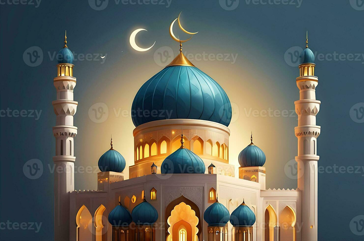 AI generated illustration of amazing architecture design of muslim mosque arabic lantern of ramadan celebration. photo