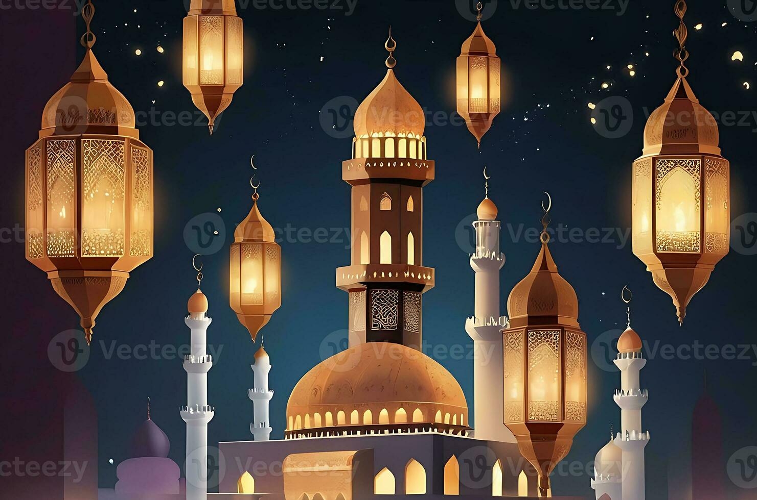 AI generated illustration of amazing architecture design of muslim mosque arabic lantern of ramadan celebration. photo