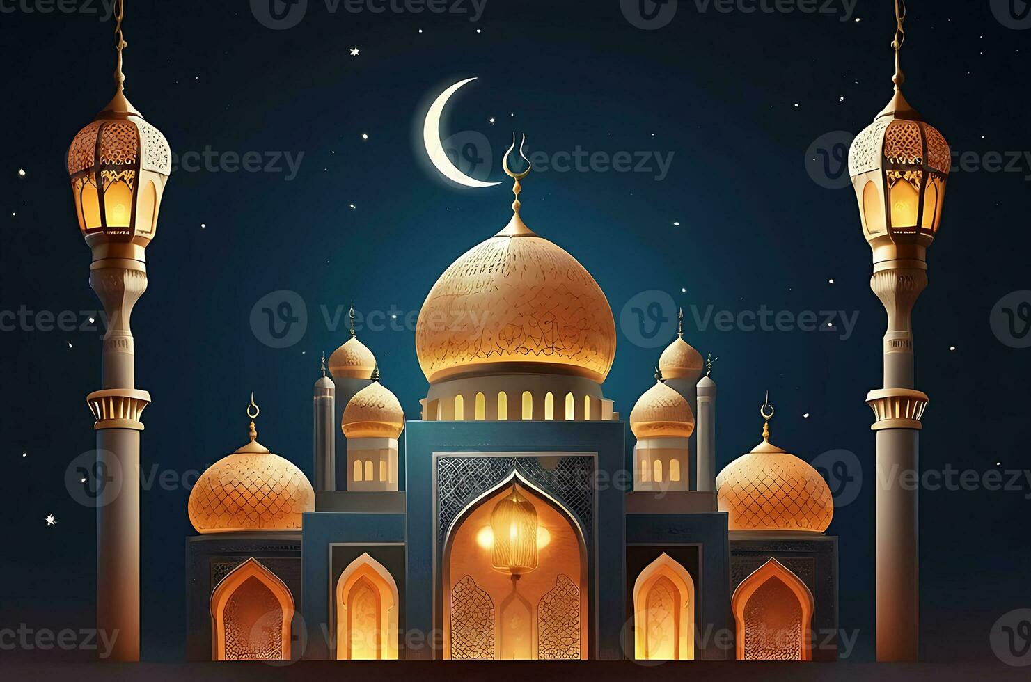 AI generated illustration of amazing architecture design of muslim mosque arabic lantern of ramadan celebration. photo