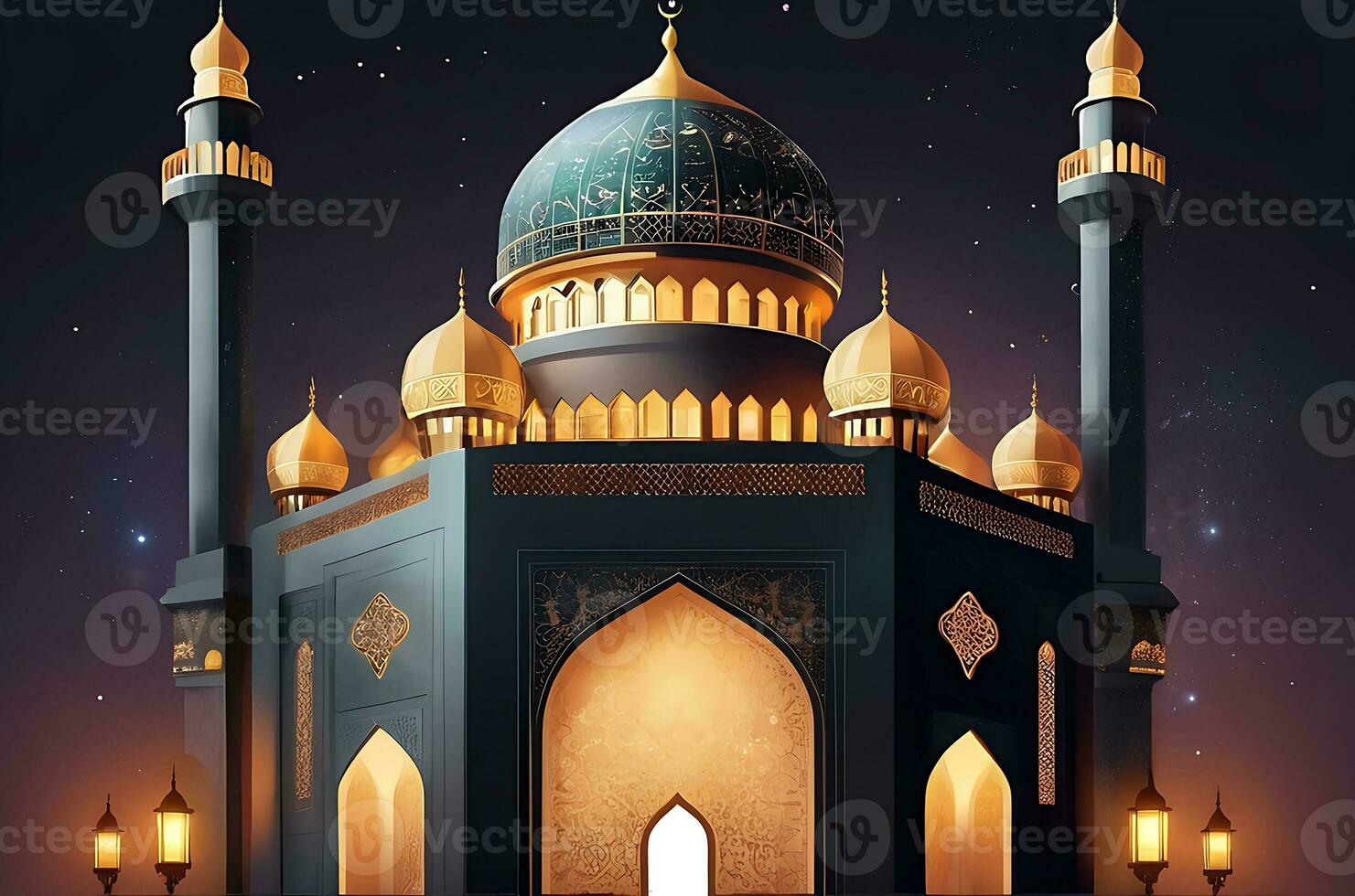 AI generated illustration of amazing architecture design of muslim mosque arabic lantern of ramadan celebration. photo