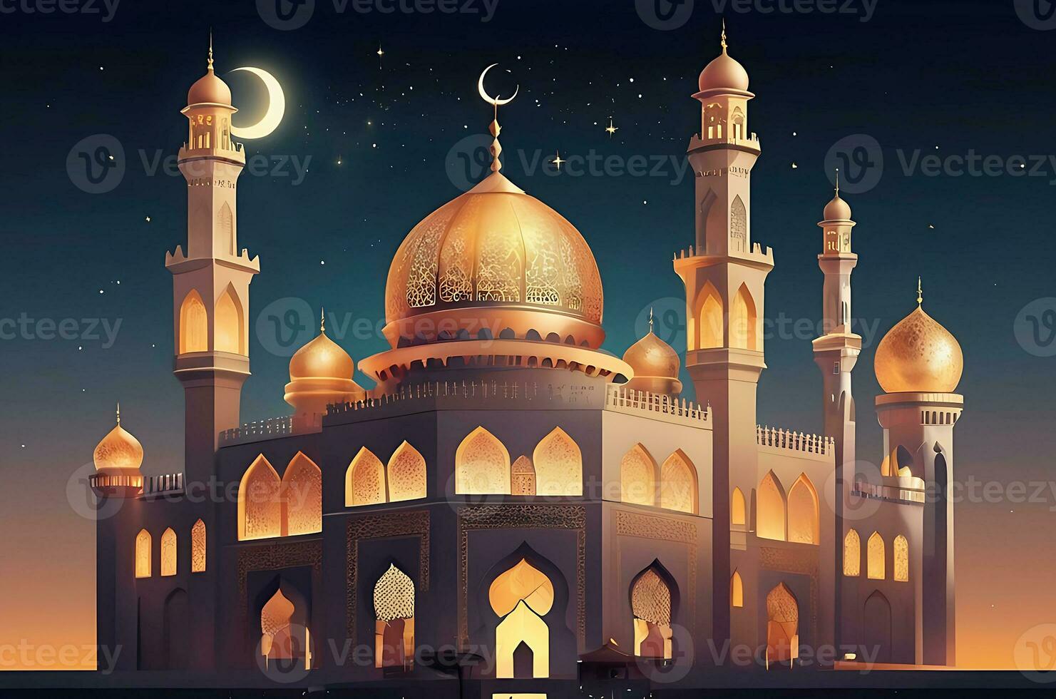 AI generated illustration of amazing architecture design of muslim mosque arabic lantern of ramadan celebration. photo