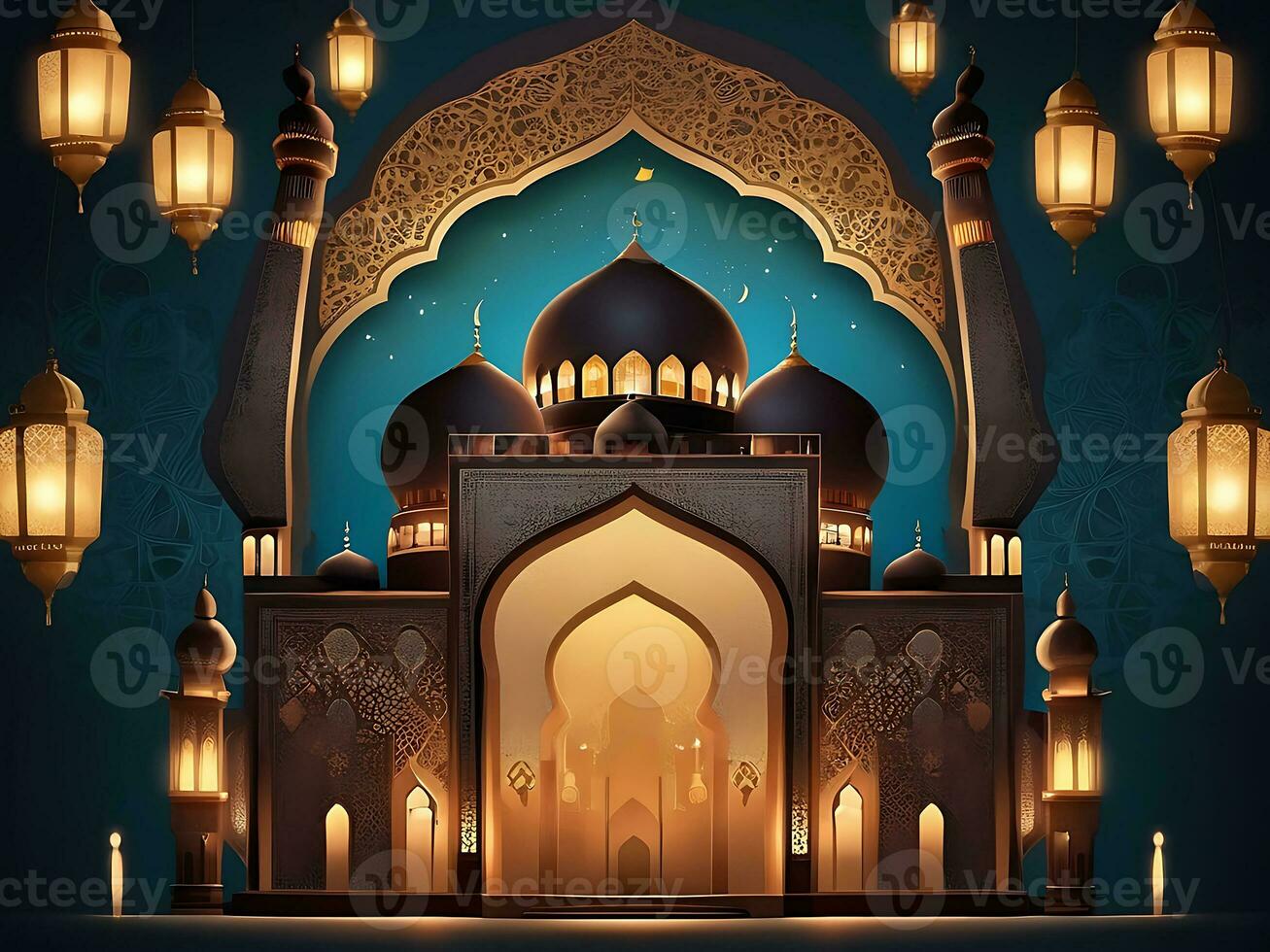 AI generated illustration of amazing architecture design of muslim mosque arabic lantern of ramadan celebration. photo