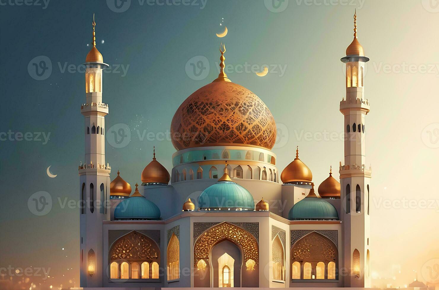 AI generated illustration of amazing architecture design of muslim mosque arabic lantern of ramadan celebration. photo