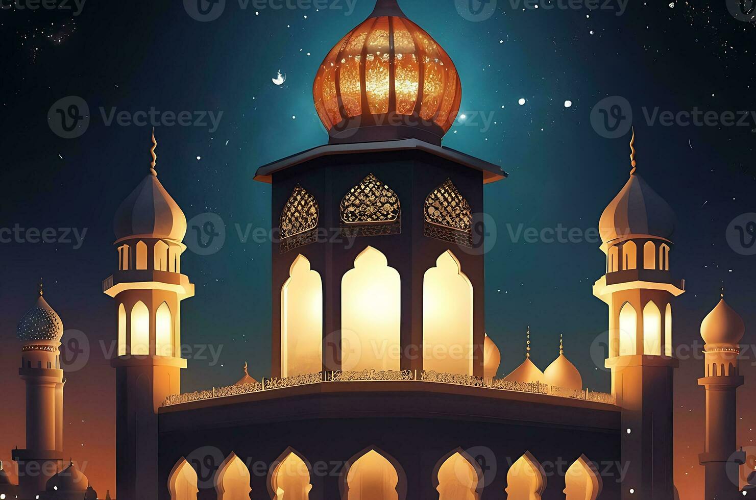 AI generated illustration of amazing architecture design of muslim mosque arabic lantern of ramadan celebration. photo