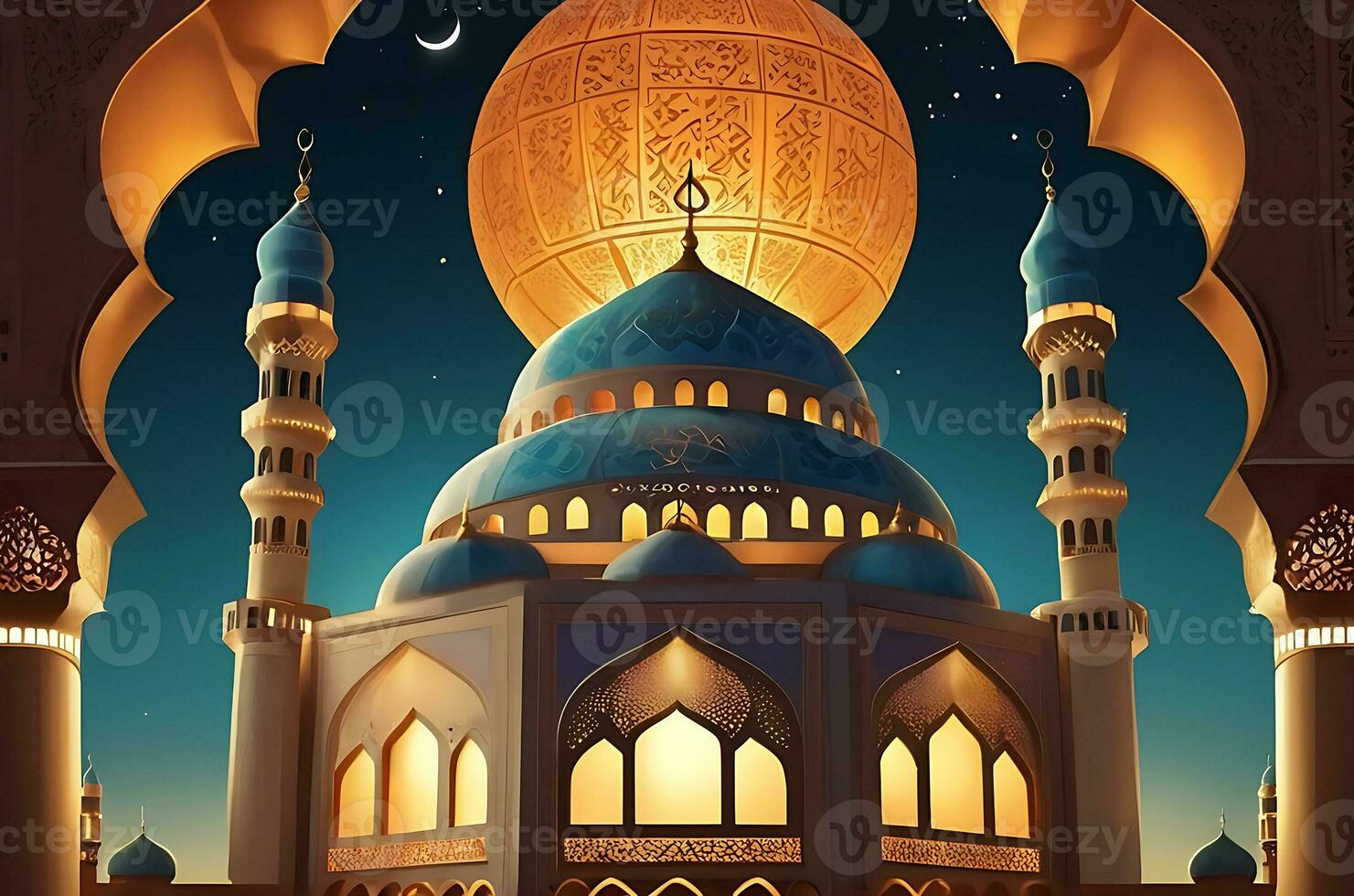 AI generated illustration of amazing architecture design of muslim mosque arabic lantern of ramadan celebration. photo