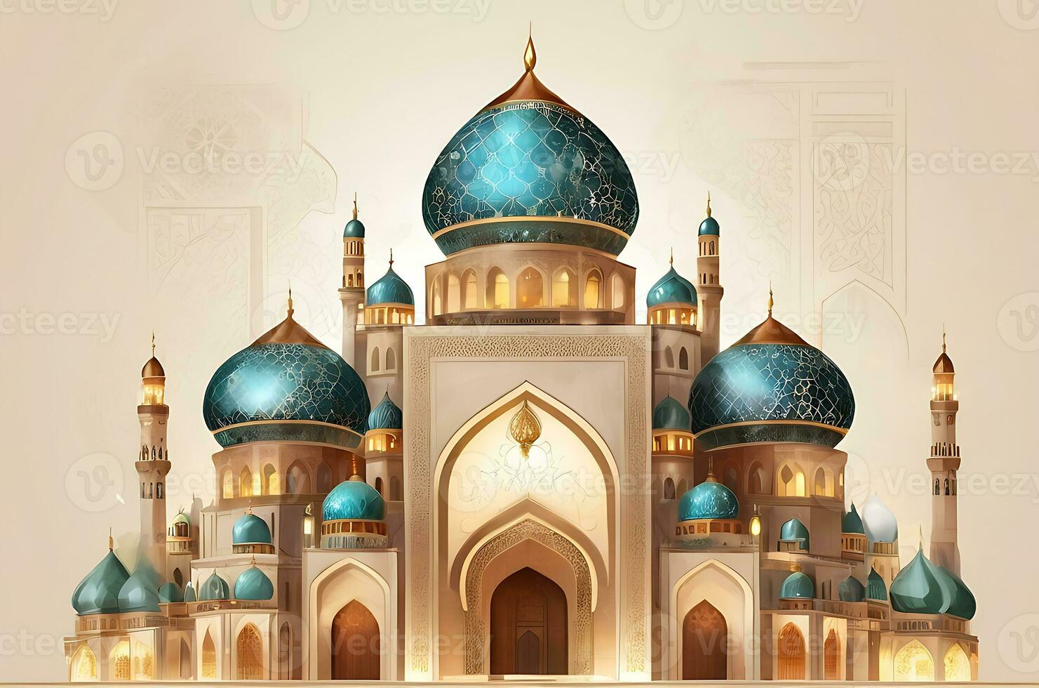 AI generated illustration of amazing architecture design of muslim mosque arabic lantern of ramadan celebration. photo