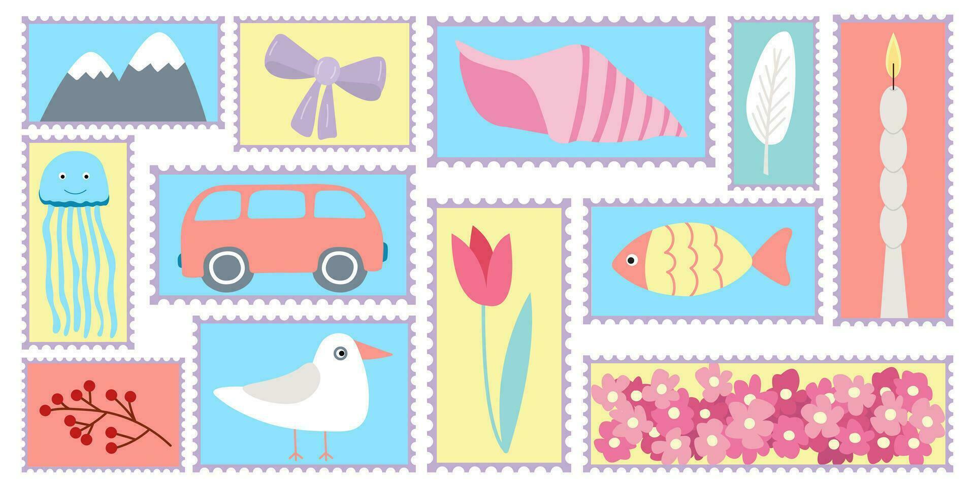 Postal stamps set. Vector set of trendy postage stamps stickers with animals, fish, flowers and decor