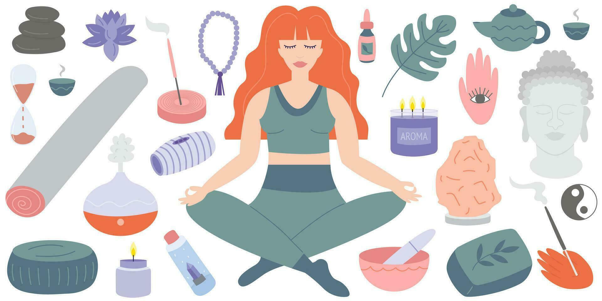 Yoga sticker set.. Hand drawn elements set-aroma sticks, mat, block. Vector  flat illustration. Collection of yoga stuff, equipment. Sport, fitness,  stretching accessories 25337898 Vector Art at Vecteezy