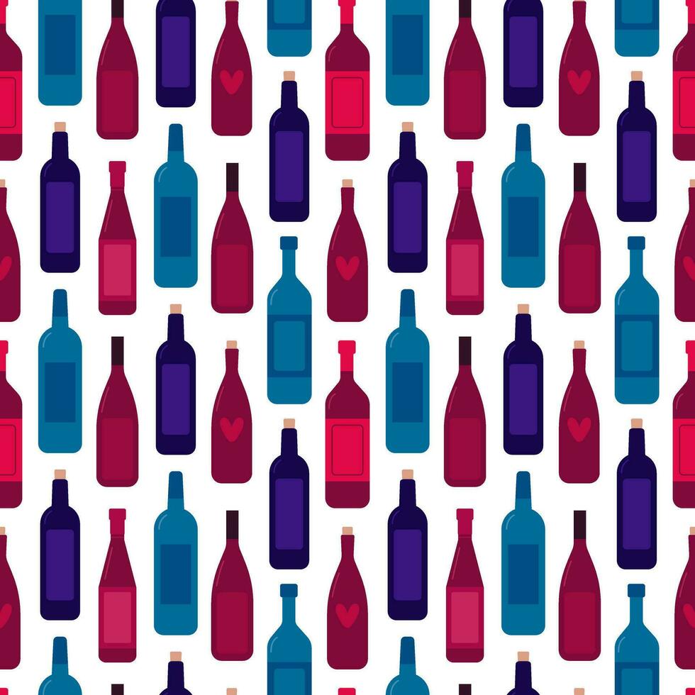 Flat wine bottles seamless pattern. Different wine bottles vector pattern