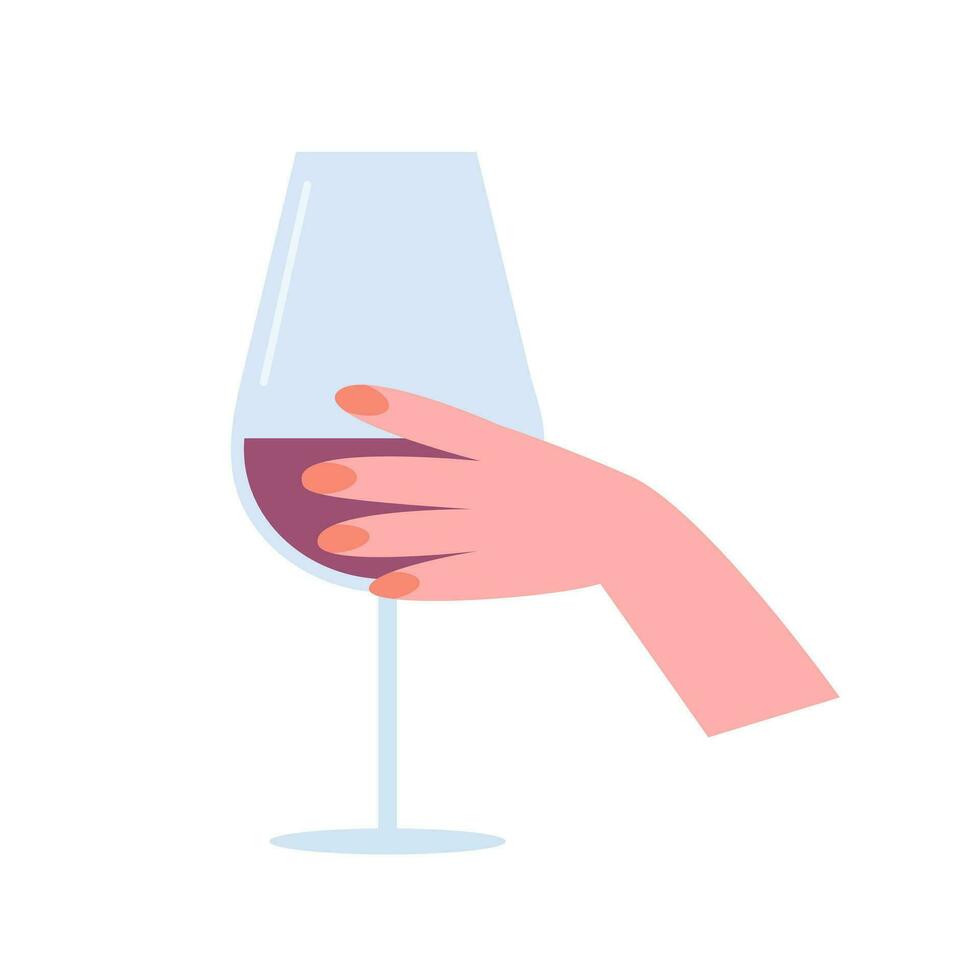 Woman hand holding a glass of red wine flat vector illustration. Wine tasting flat illustration