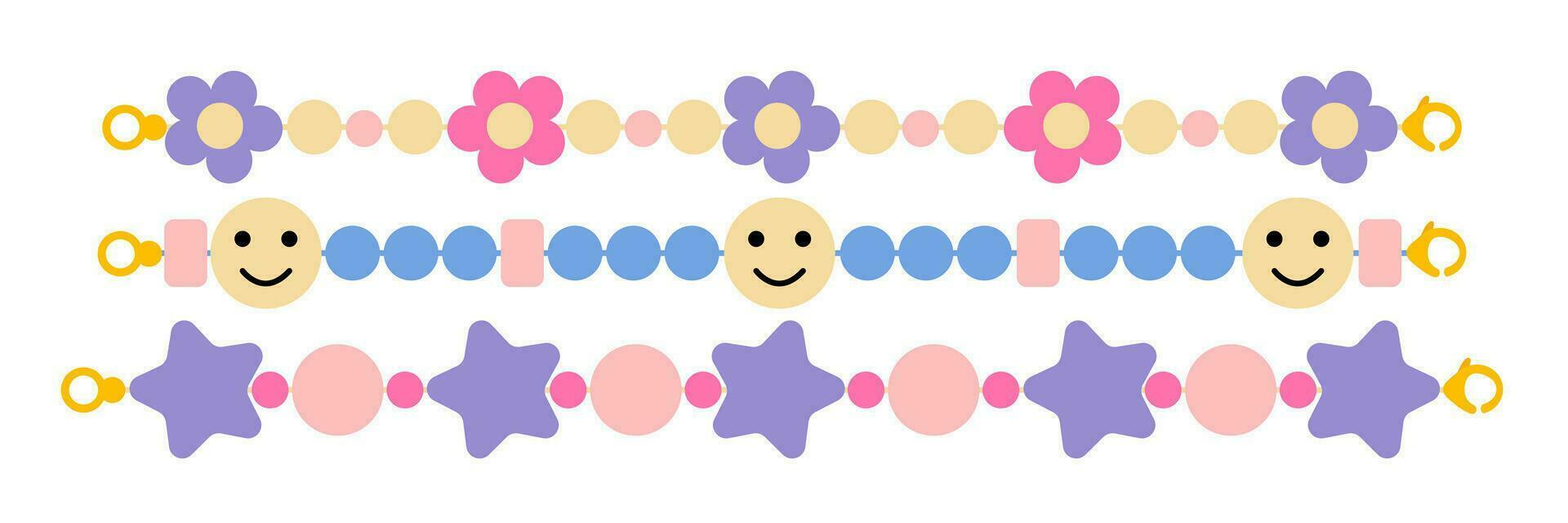 Plactic bead bracelets wit flowers, stars and smiles vector set
