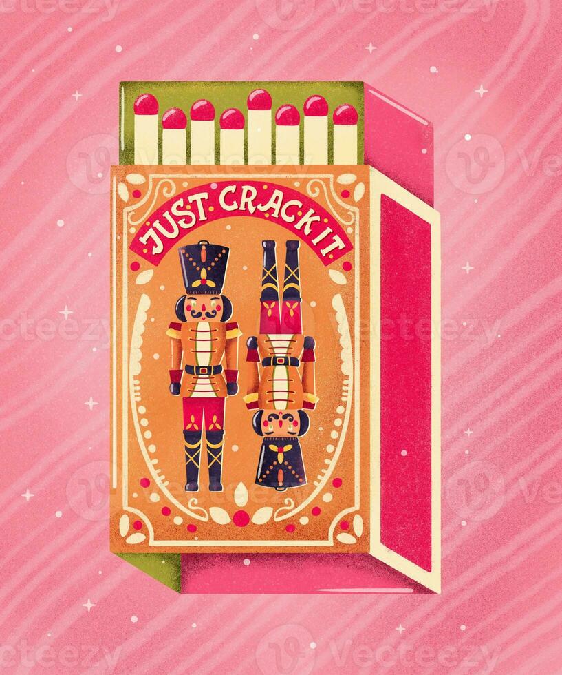 Two colorful nutcrackers on a matchbox with hand lettering on a pink background. Colorful festive winter Merry Christmas illustration photo