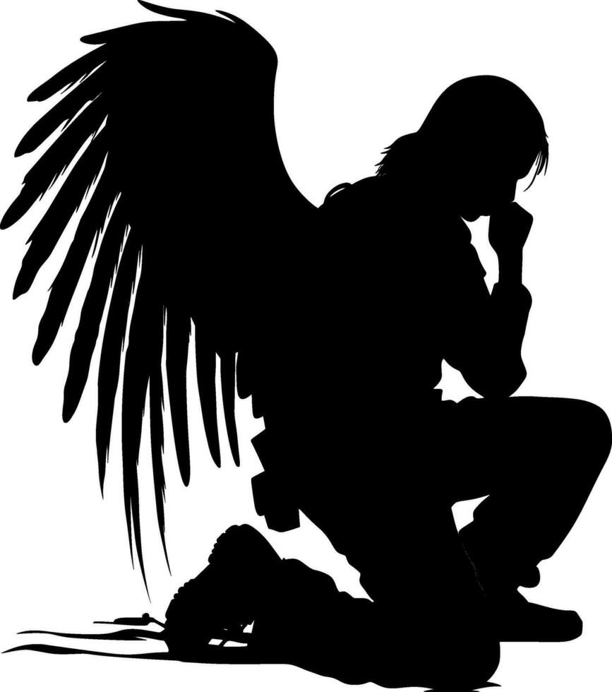 Military angel soldier with wings kneeling silhouette vector. AI generated illustration. vector