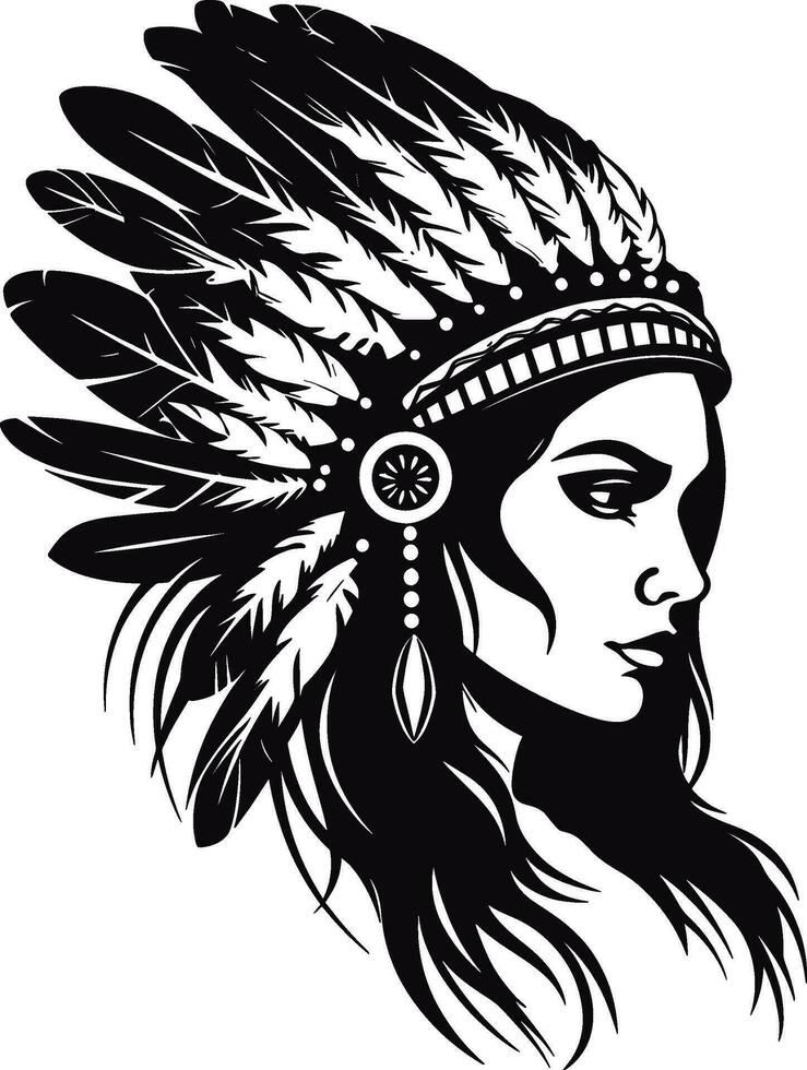 Native American. Portrait. decorated with feathers. Side view, silhouette vector illustration. AI generated illustration.