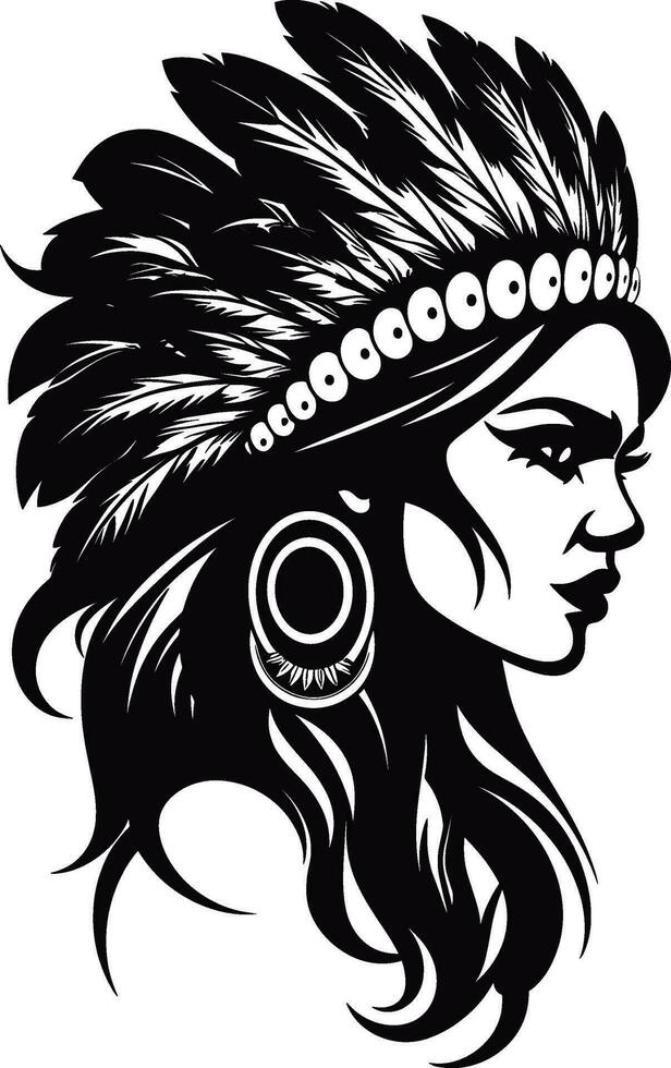 Native American villager. women portrait, Side view, silhouette vector ...