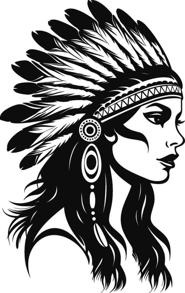 Native American. Portrait. decorated with feathers. Side view, silhouette vector illustration. AI generated illustration.