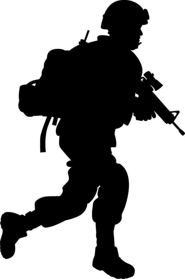 Running Armed Soldier Silhouette Illustration of Military Action. AI generated illustration. vector