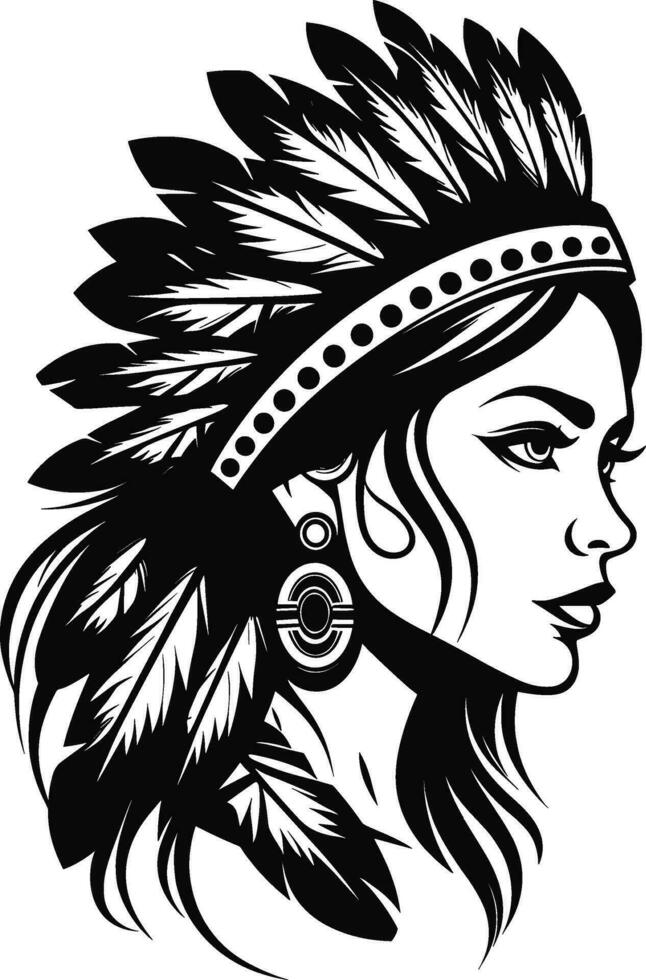 Native American villager. women portrait, Side view, silhouette vector isolated. AI generated illustration.