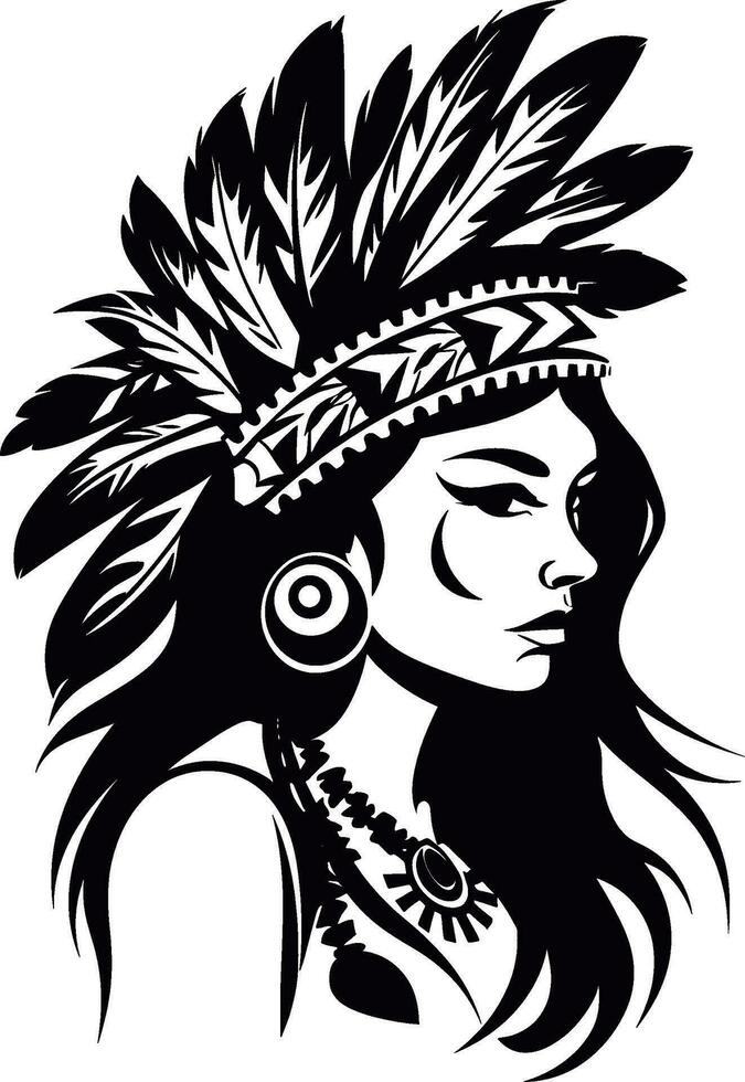 Native American. Portrait. decorated with feathers. Side view, silhouette vector illustration. AI generated illustration.