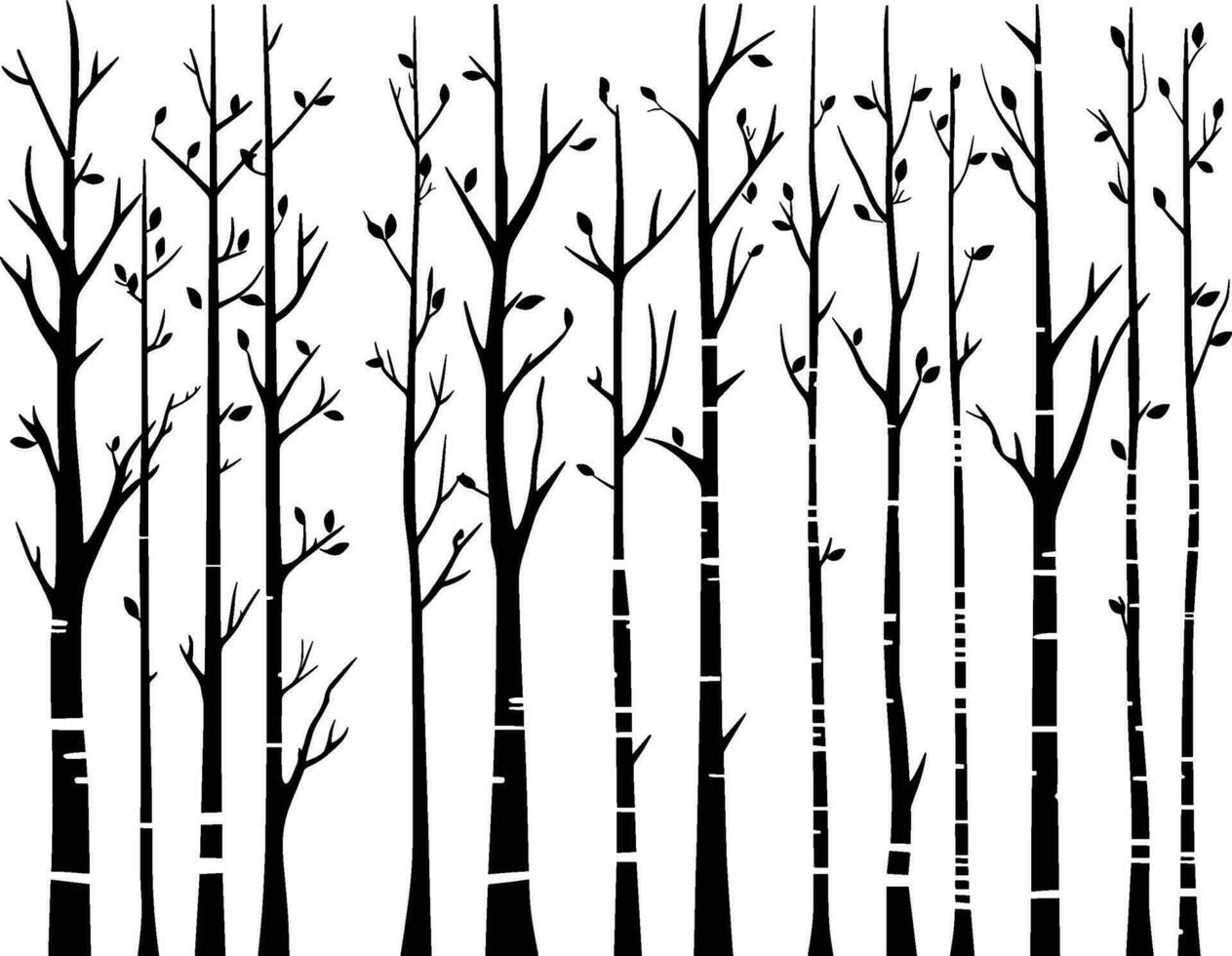 Black and White Vector Birch Tree Silhouette Background with Birds. AI generated illustration.