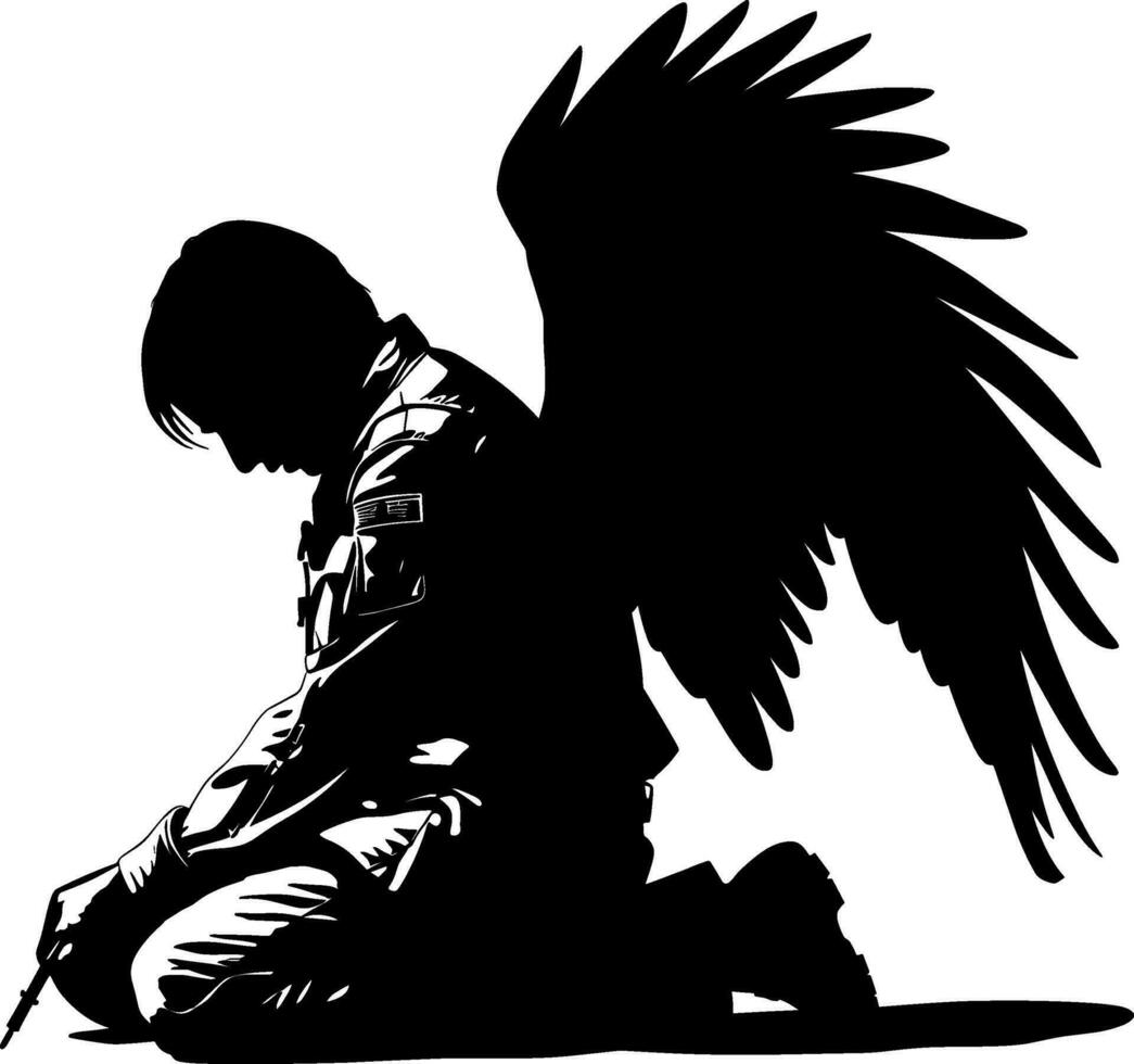 militar ángel soldado con alas arrodillado silueta vector. ai generado ilustración. vector