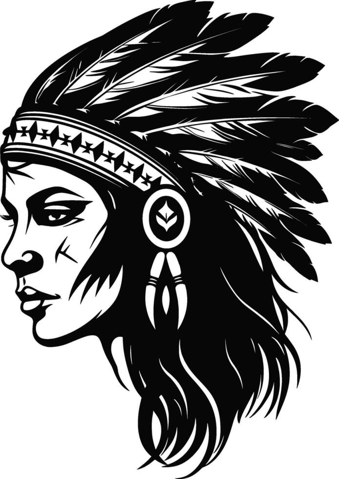 Young woman in costume of American Indian. Silhouette of beautiful Indian women. AI generated illustration. vector