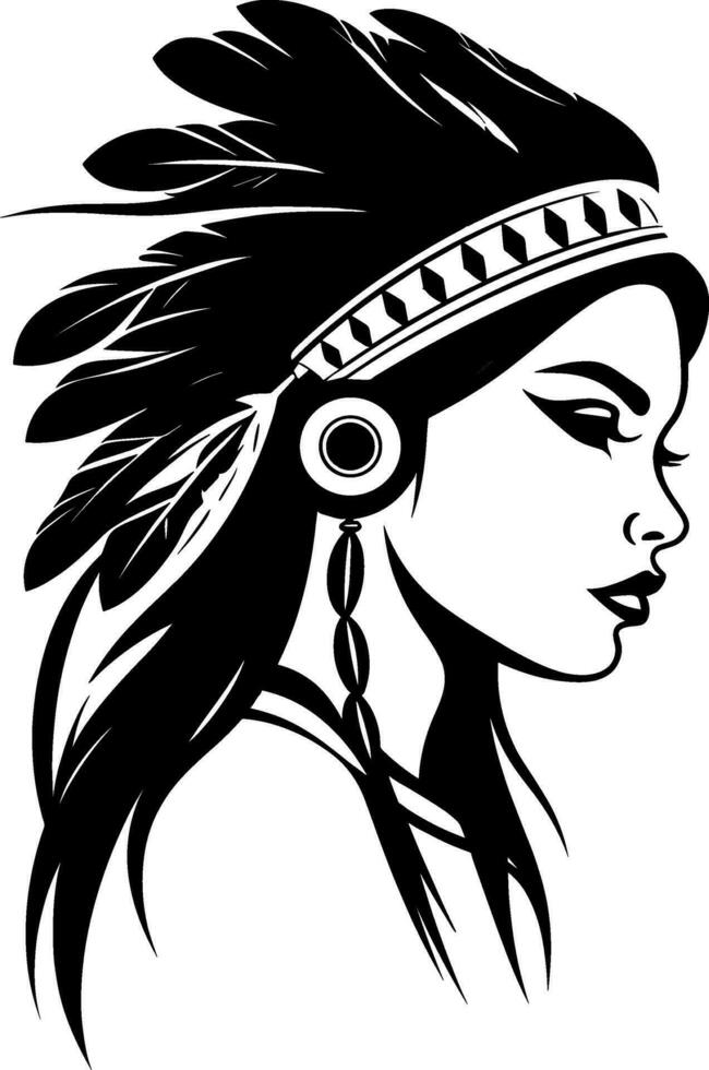 Young woman in costume of American Indian. Silhouette of beautiful Indian women. AI generated illustration. vector