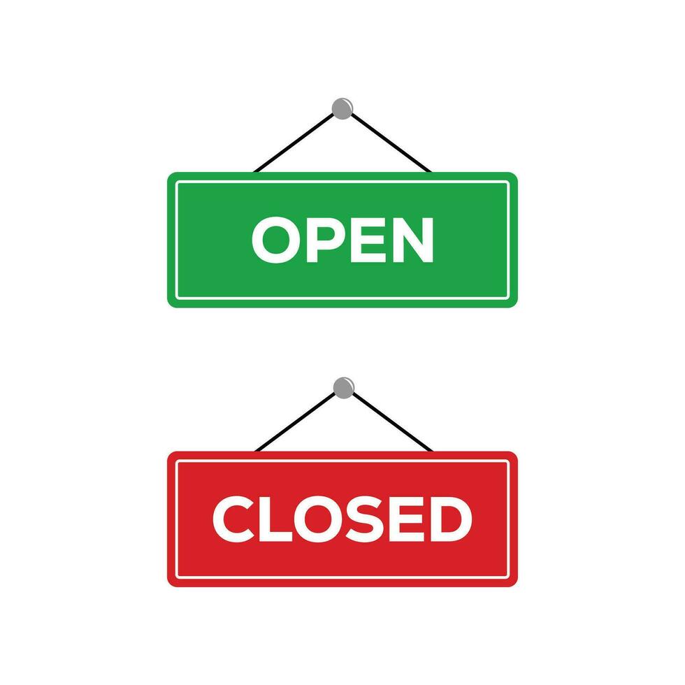 Open and closed sign set. Green and red board for the shop. Open closed door sign. Vector illustration