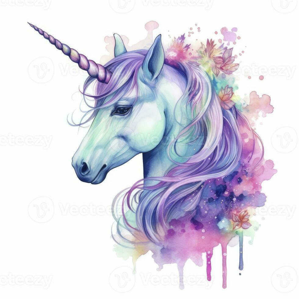 AI generated Watercolor fantasy unicorn clip art. AI Generated photo