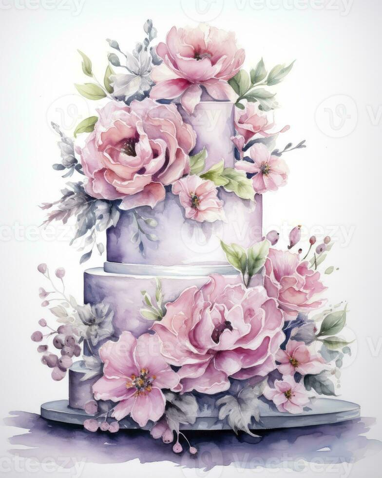 AI generated Watercolor wedding cake isolated on white background.  AI Generated photo