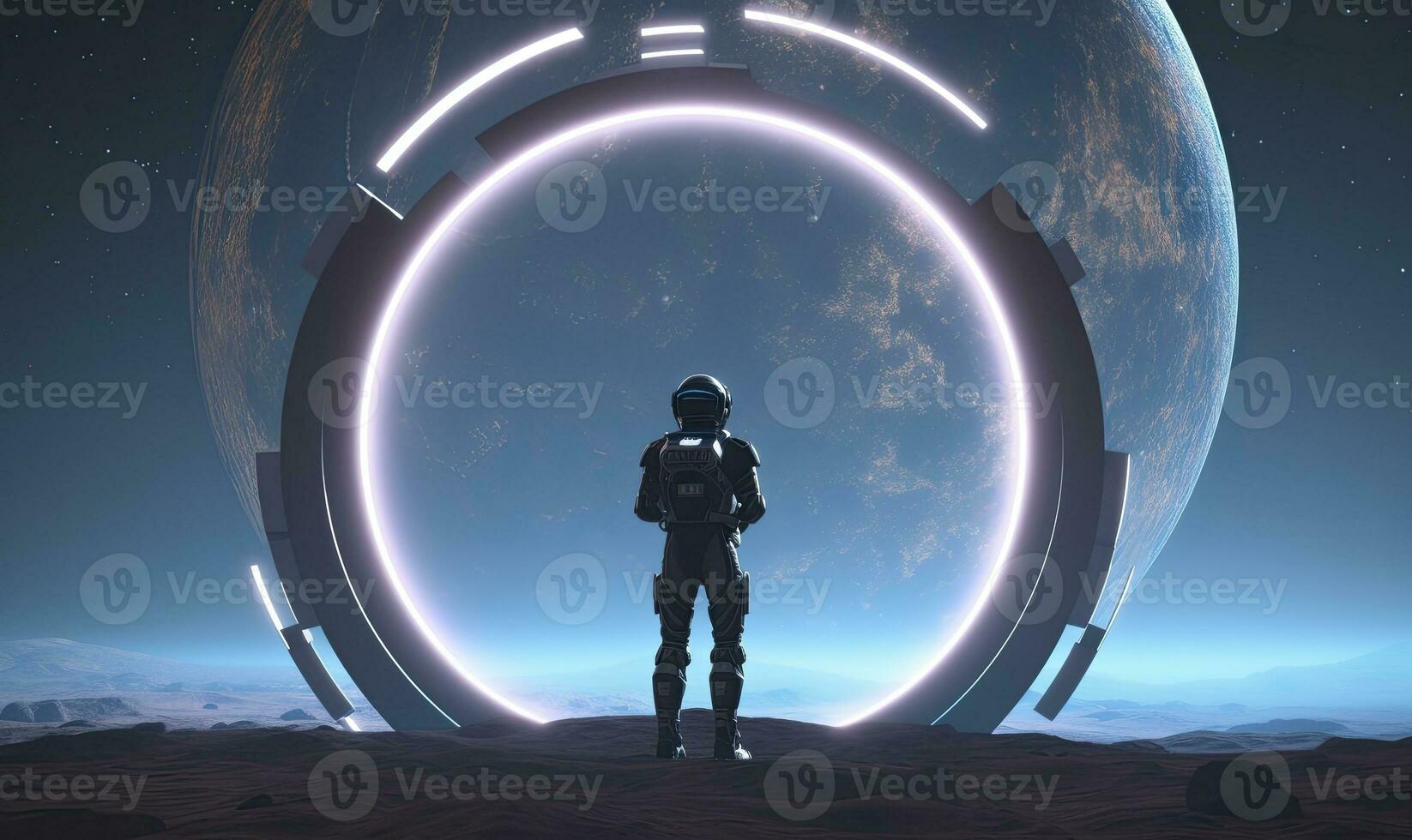 AI generated Astronaut in front of dimensional portal.  AI Generated. photo