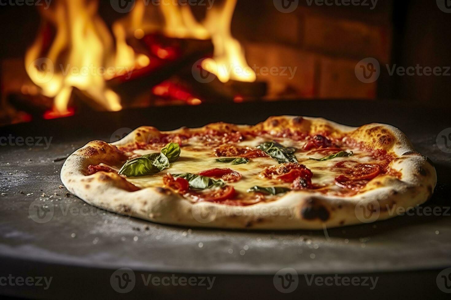 AI generated Freshly baked pizza closeup, traditional wood fired oven background. AI Generated photo