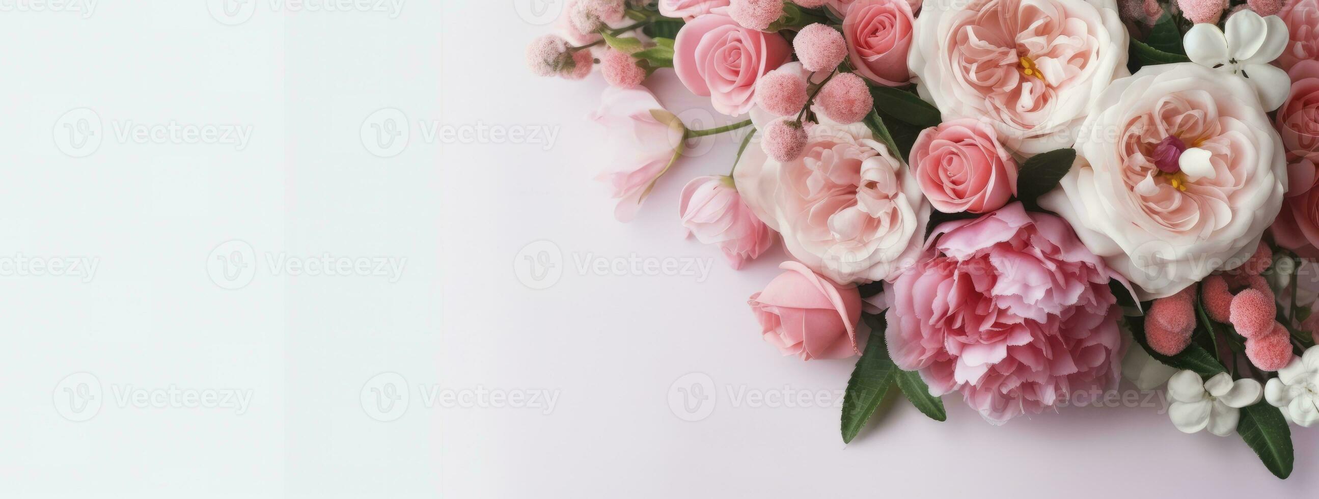 AI generated Fresh bunch of pink peonies and roses with copy space. AI Generated photo