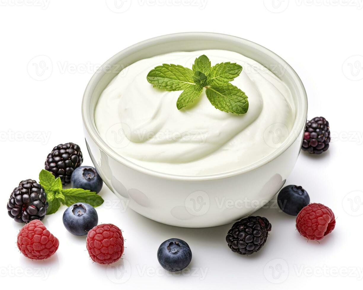 AI generated Green bowl of greek yogurt and fresh berries isolated on white background. AI Generated photo