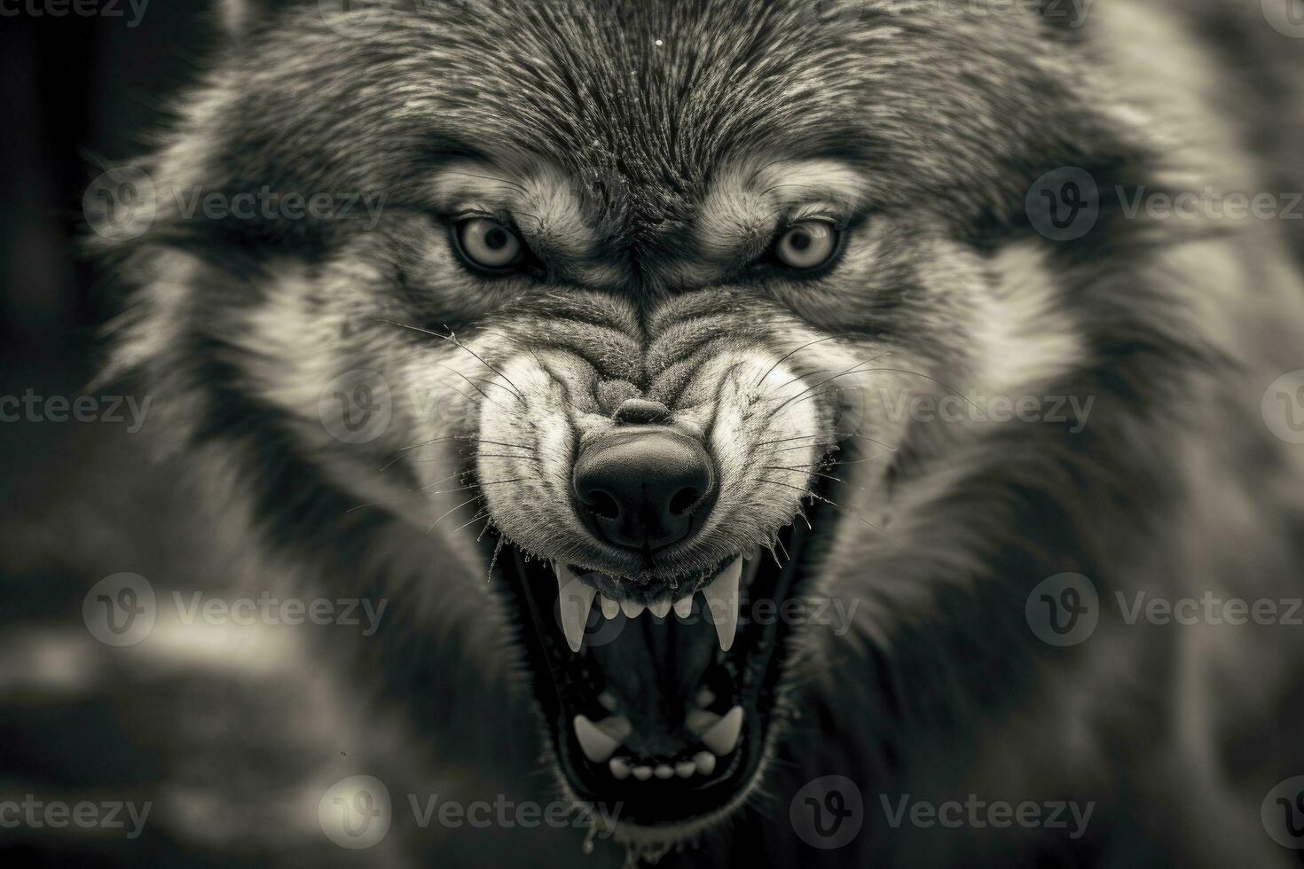 AI generated Greyscale closeup shot of an angry wolf with a blurred background. AI Generated photo