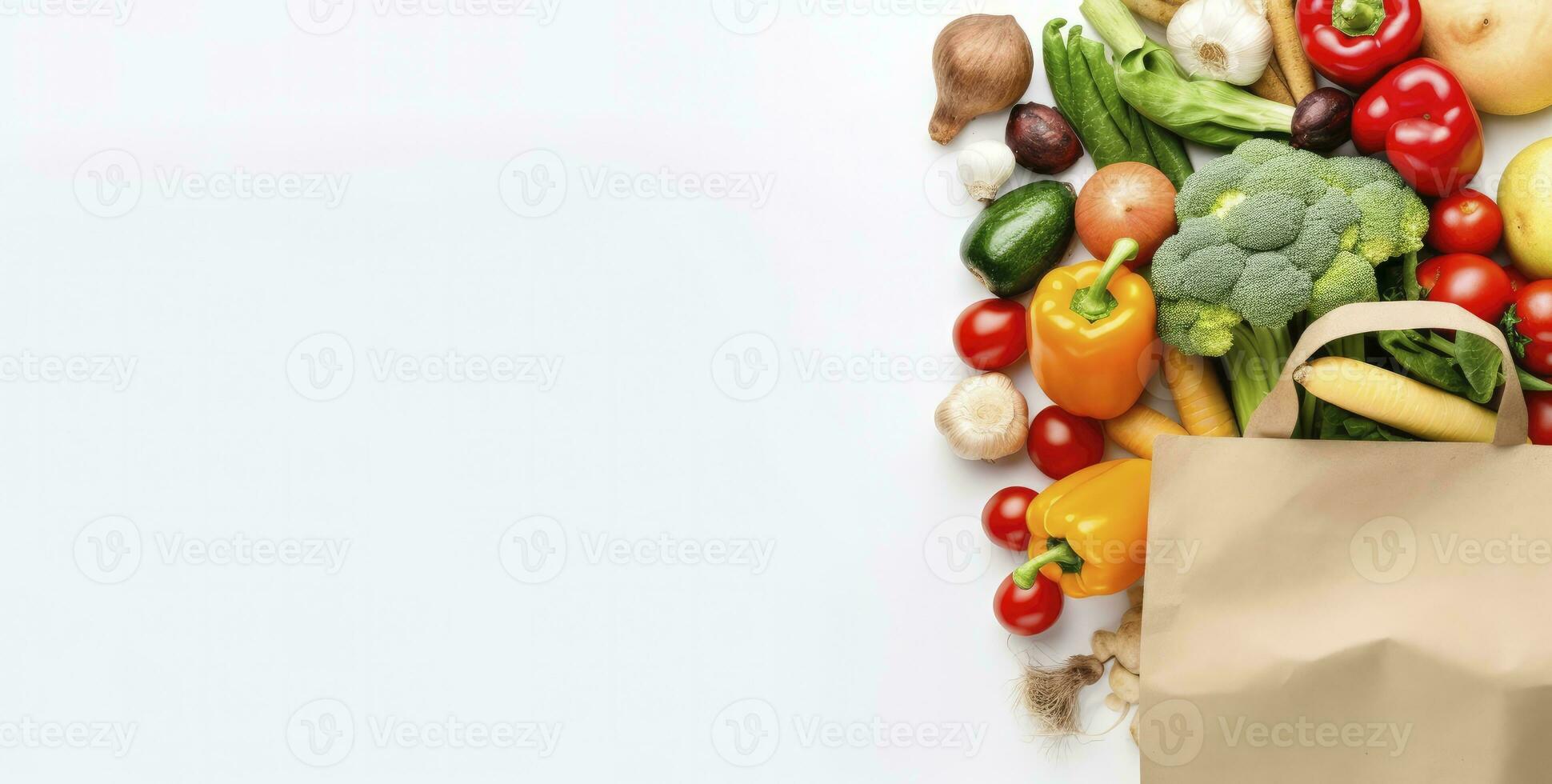 AI generated Healthy food in paper bag vegetables and fruits on white background. AI Generated photo