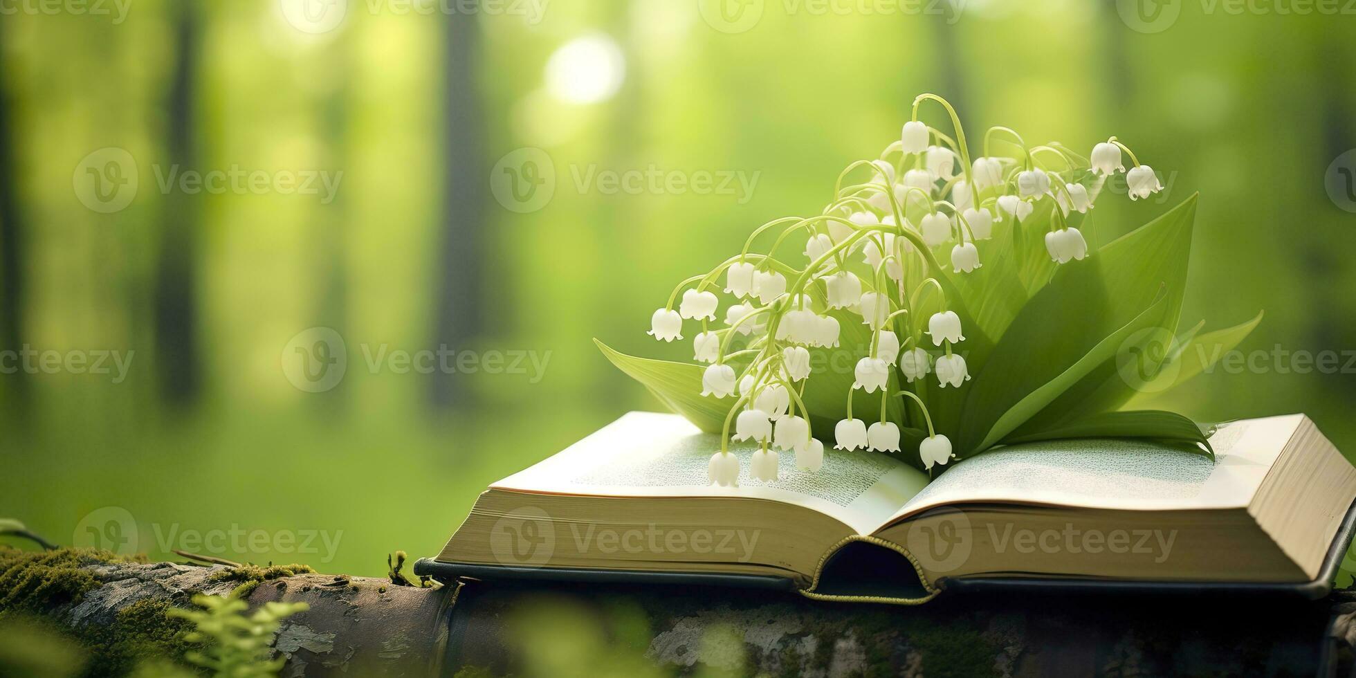 AI generated Lily of the Valley flowers and old books in the forest, green natural background. AI Generated photo