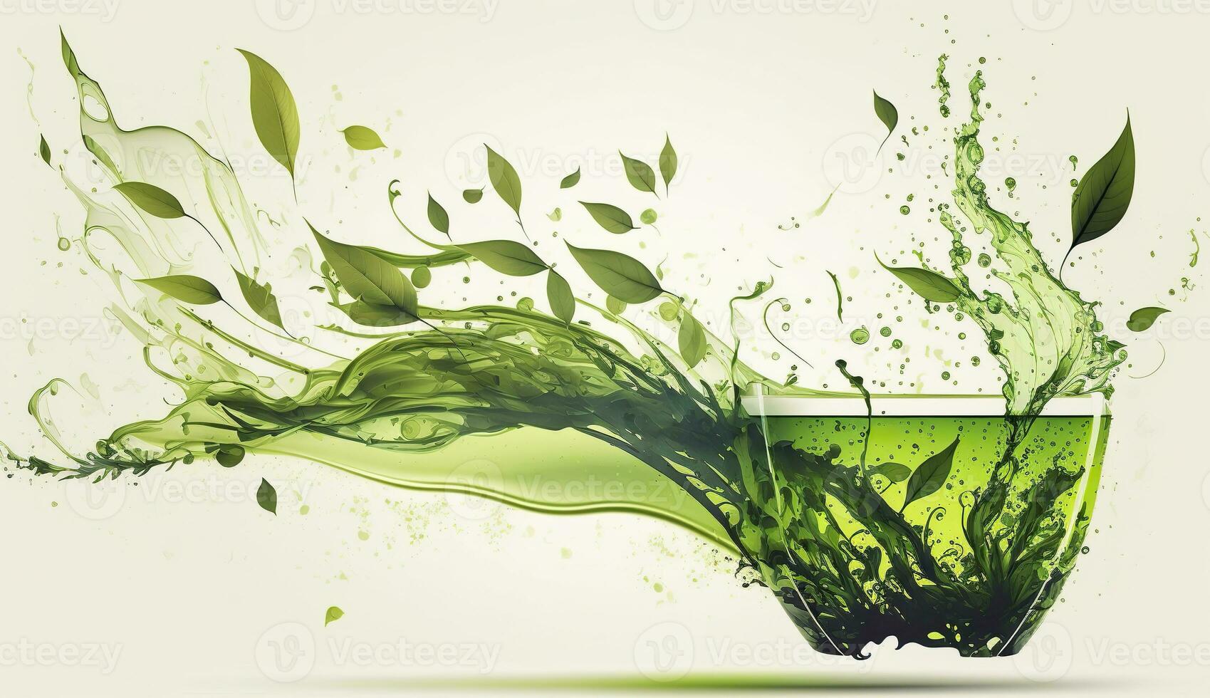 AI generated Green herbal tea wave splash with leaves flow. AI Generated photo