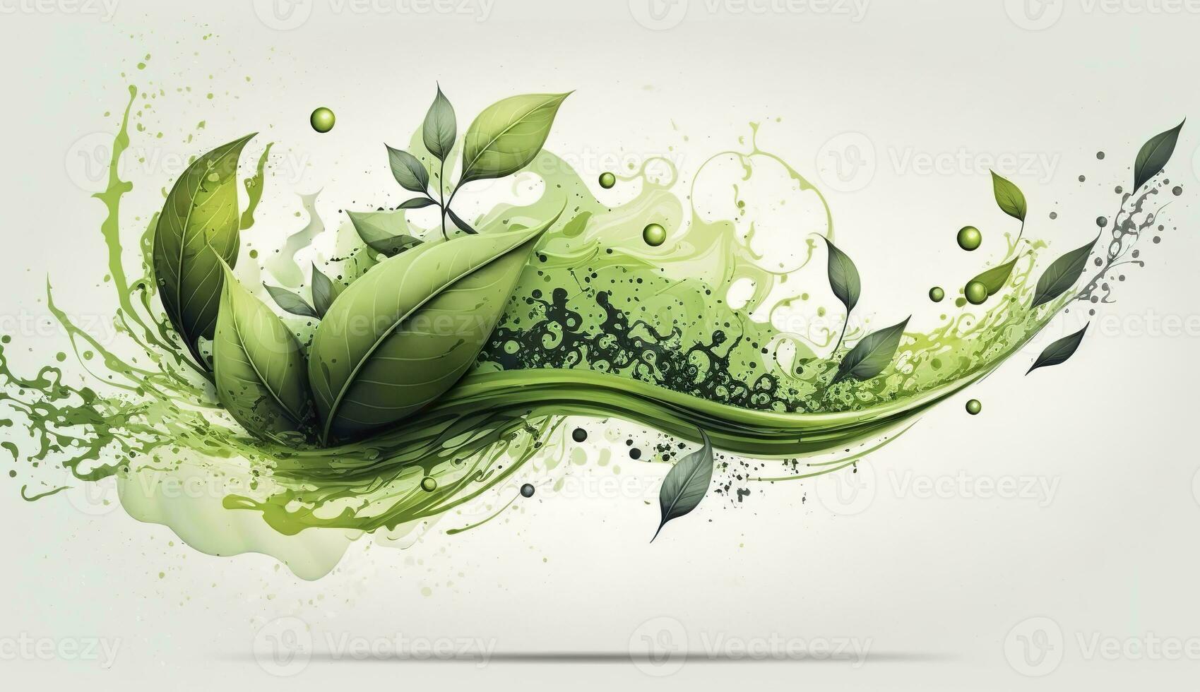 AI generated Green herbal tea wave splash with leaves flow. AI Generated photo