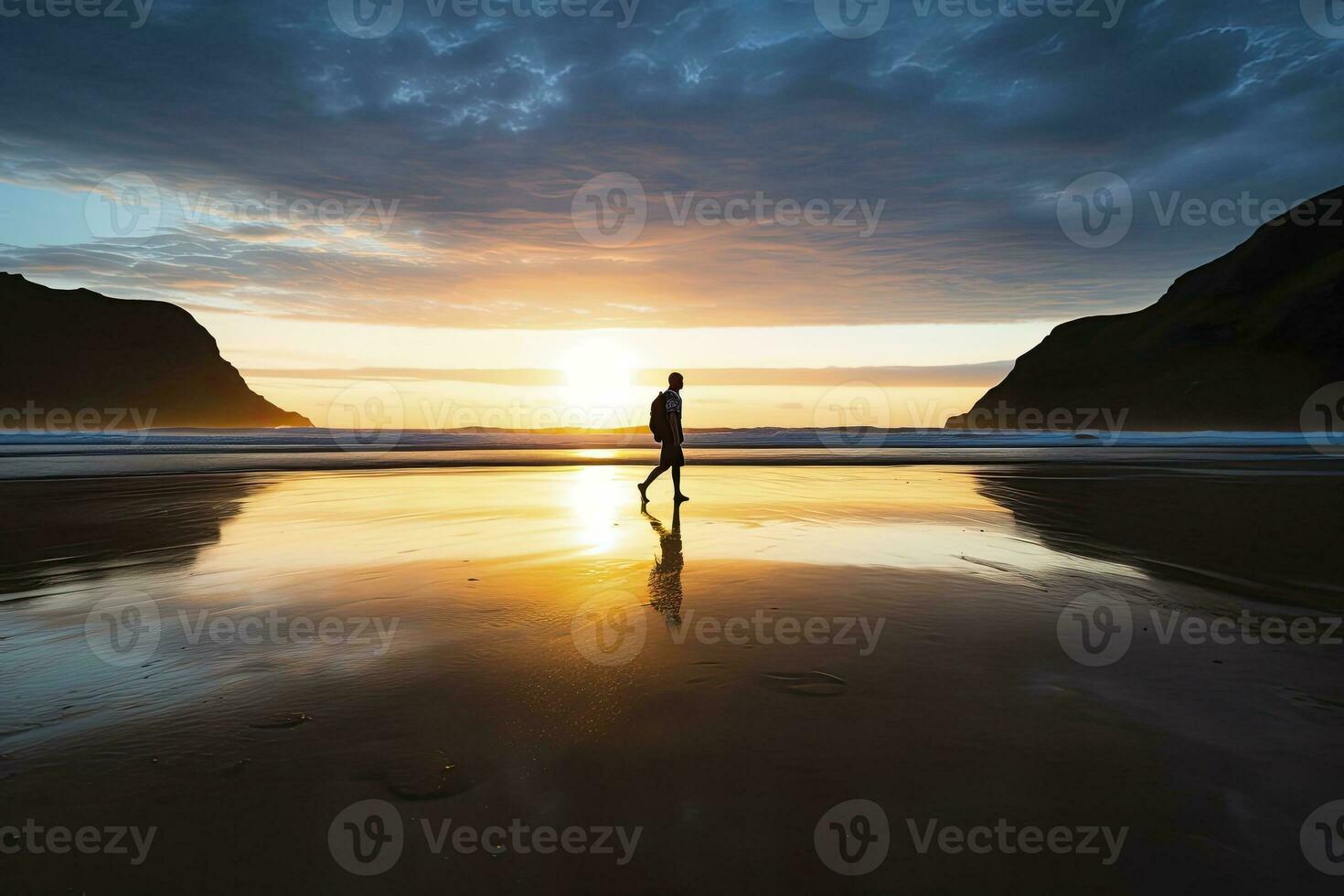 AI generated A person walking on the beach at sunset. AI Generated. photo