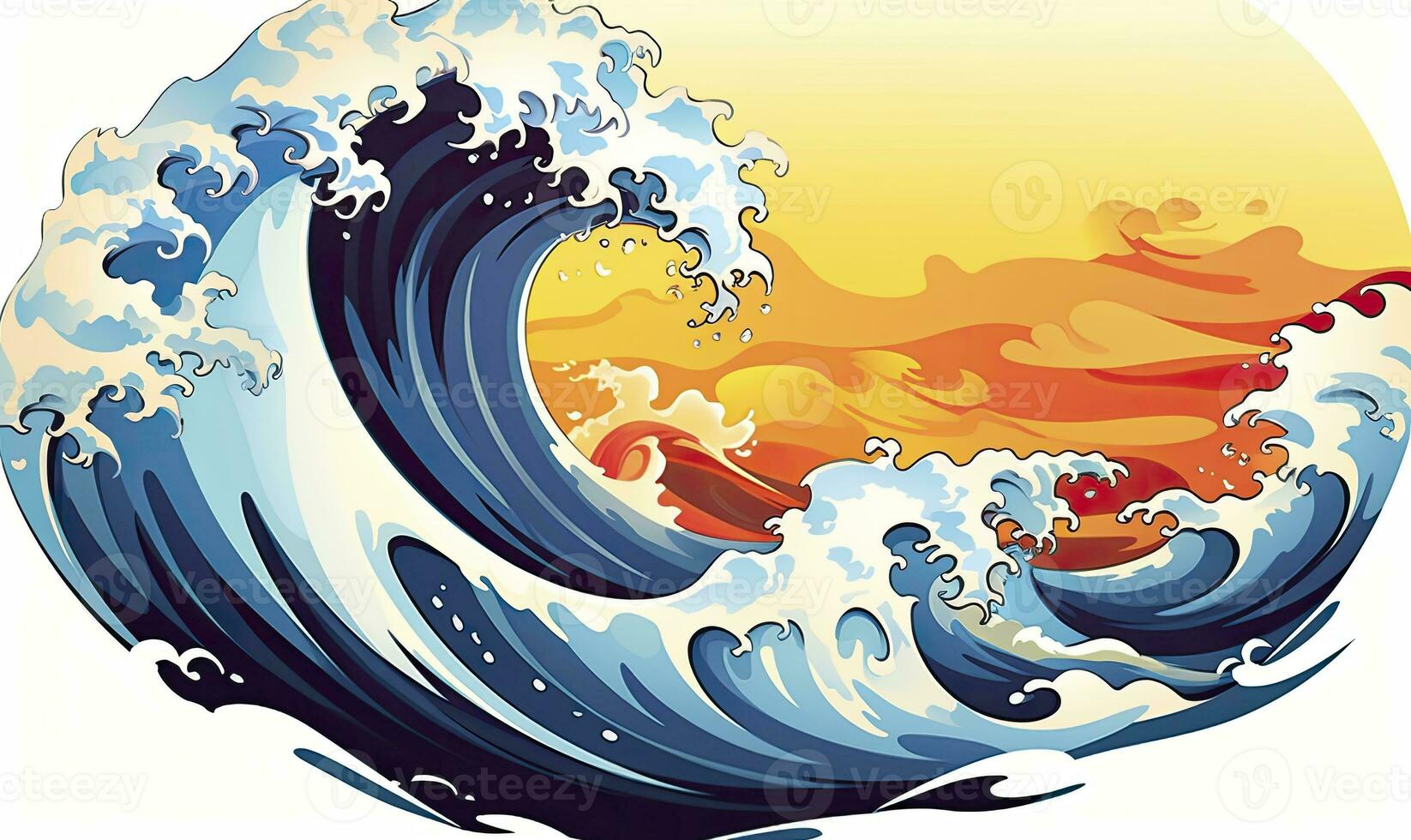 AI generated Ocean wave sun clouds, blue yellow abstract ocean wave. AI Generated. photo